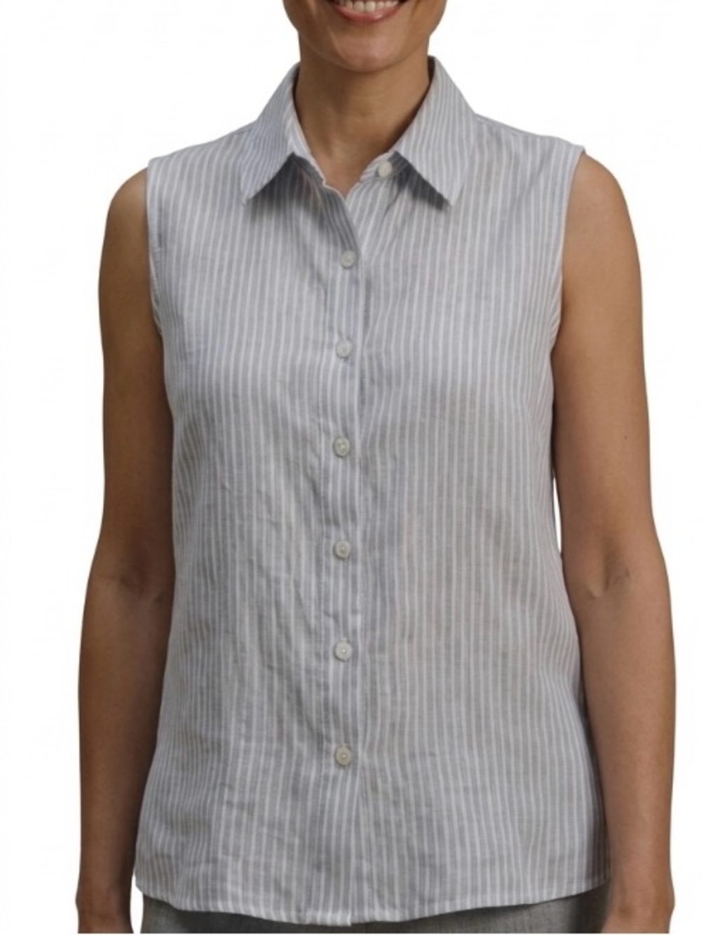 Liz Claiborne Linen Sleeveless Collared Shirt Coastal Striped Blue Grey Ivory 6